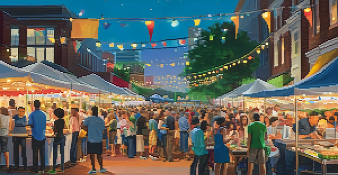 A lively outdoor food festival in Charlotte with diverse food stalls and people enjoying various cuisines.