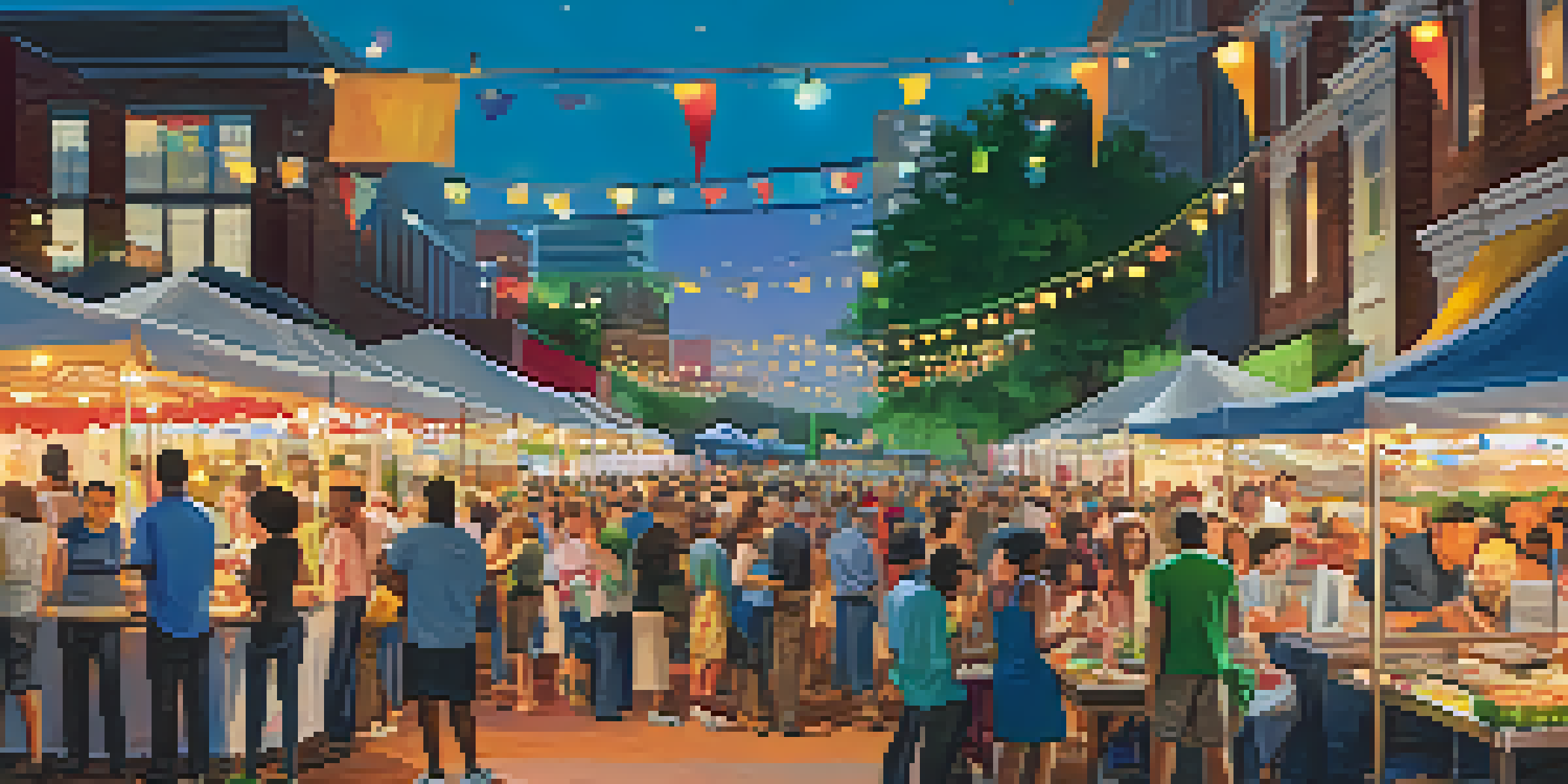 A lively outdoor food festival in Charlotte with diverse food stalls and people enjoying various cuisines.