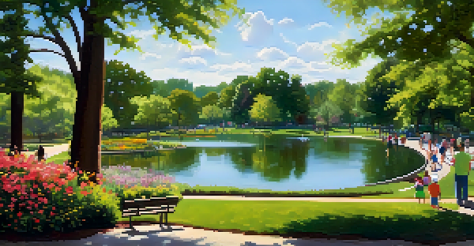 A view of Freedom Park showing a lake, green trees, children playing, and families enjoying a sunny day.