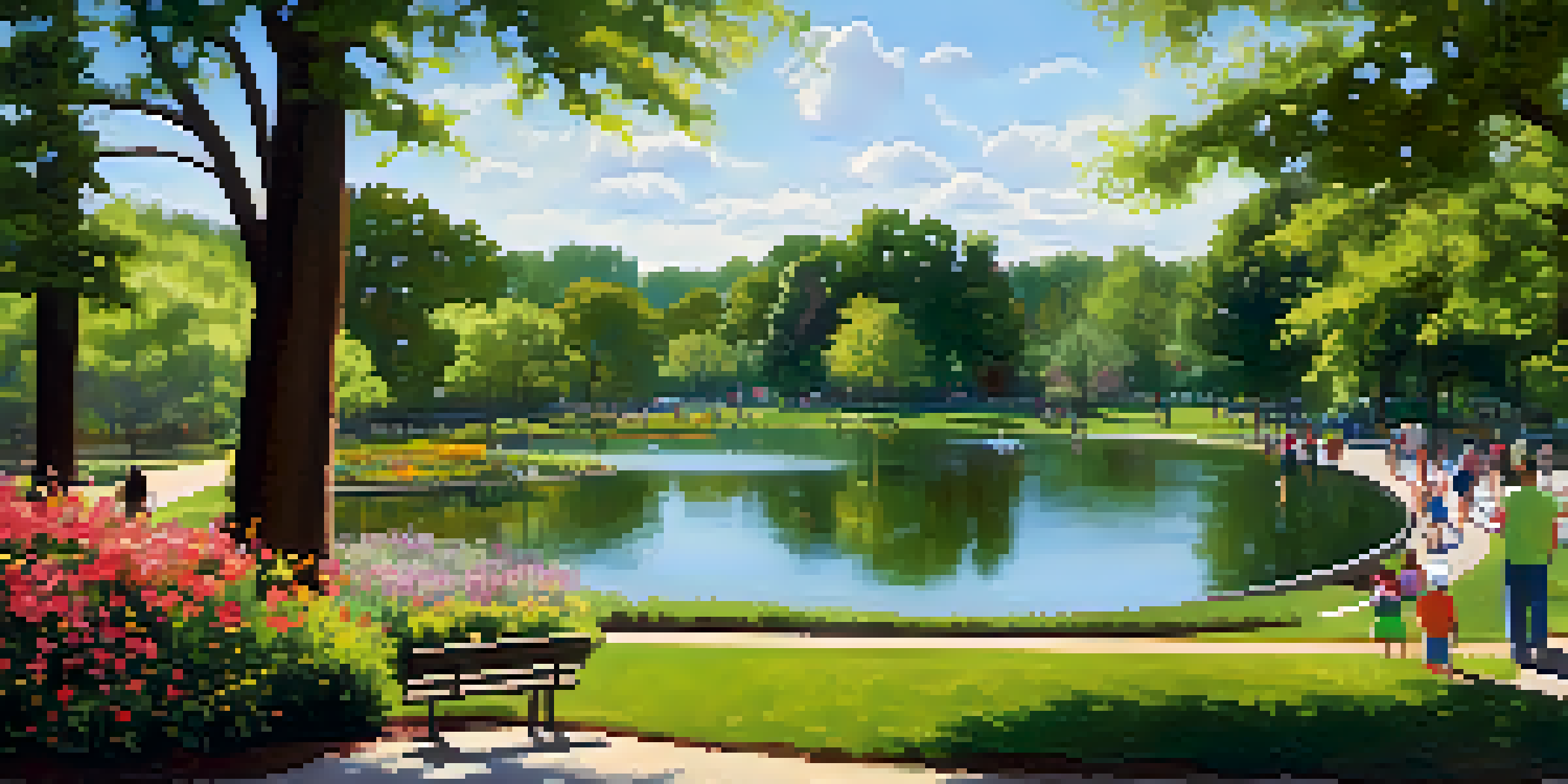 A view of Freedom Park showing a lake, green trees, children playing, and families enjoying a sunny day.