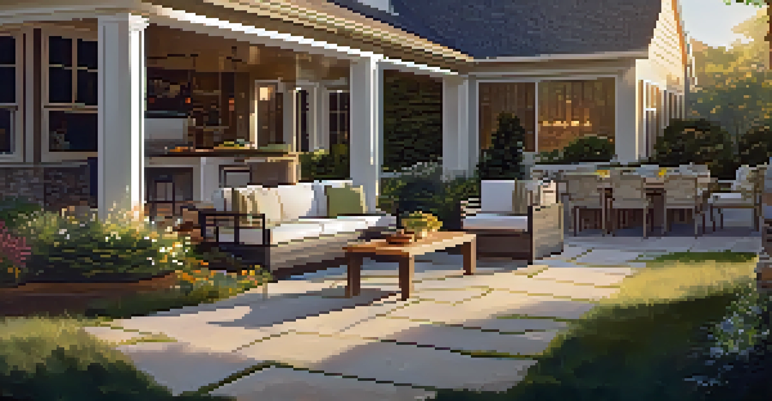 A cozy outdoor living space with a patio, barbecue area, and lush garden, illuminated by warm sunlight.