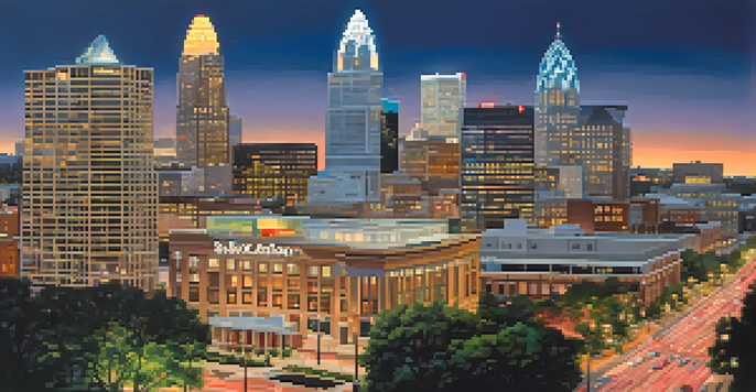 A panoramic view of Charlotte's skyline at dusk with illuminated skyscrapers and a busy street scene.