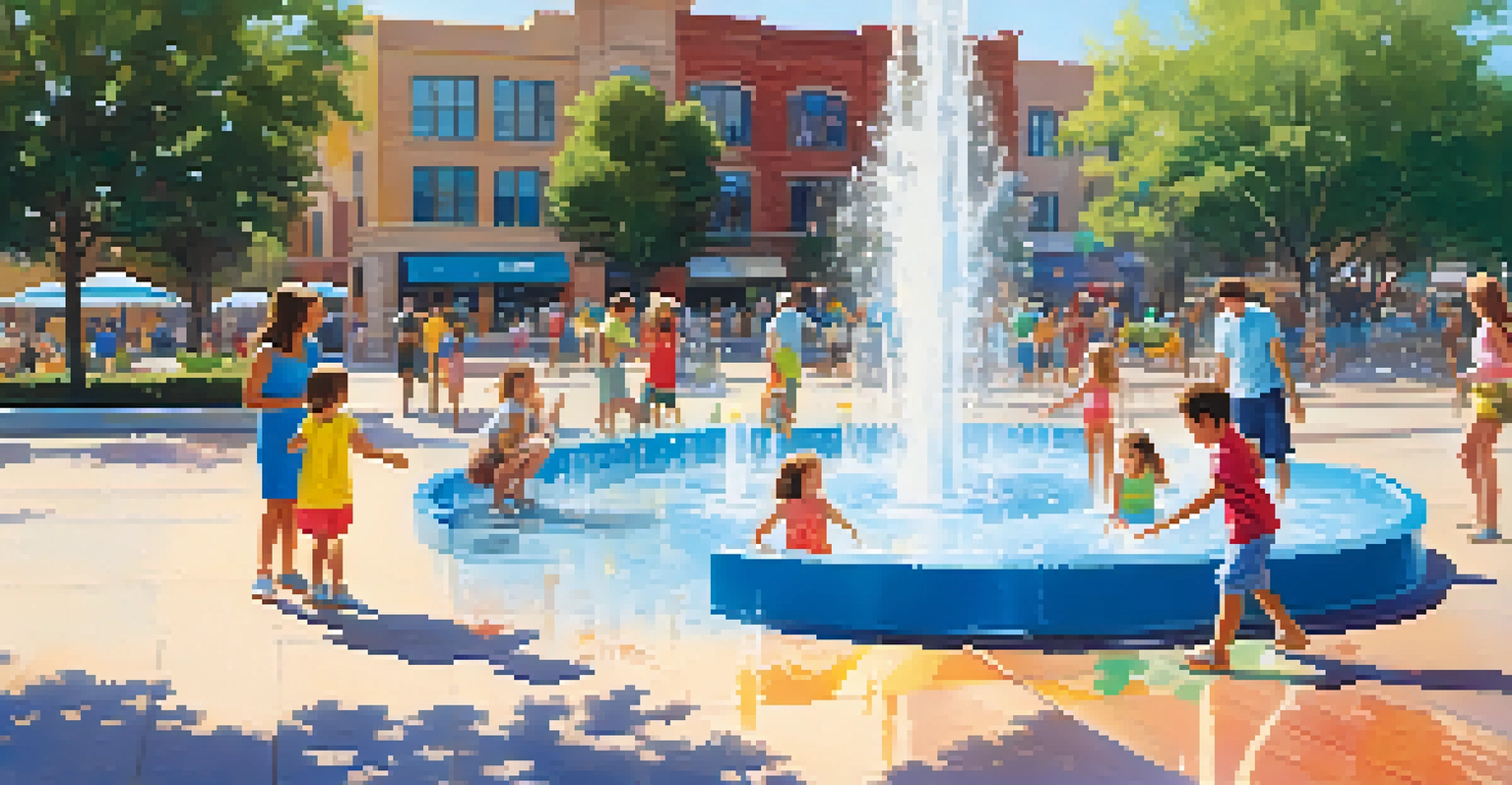 Children playing in a splash pad, with parents watching nearby on a sunny day.