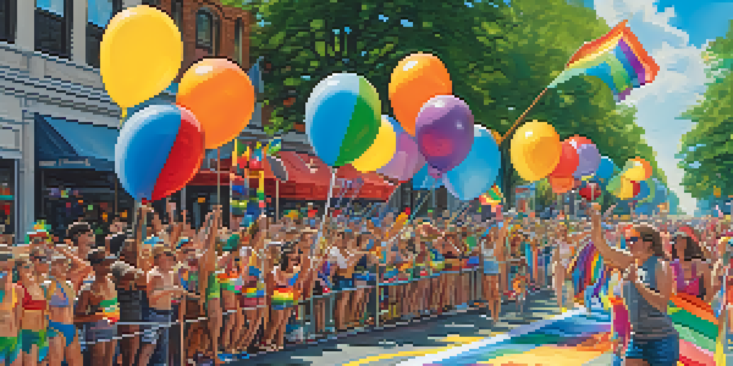A lively Pride Parade in Charlotte with colorful floats and diverse participants celebrating under a blue sky.