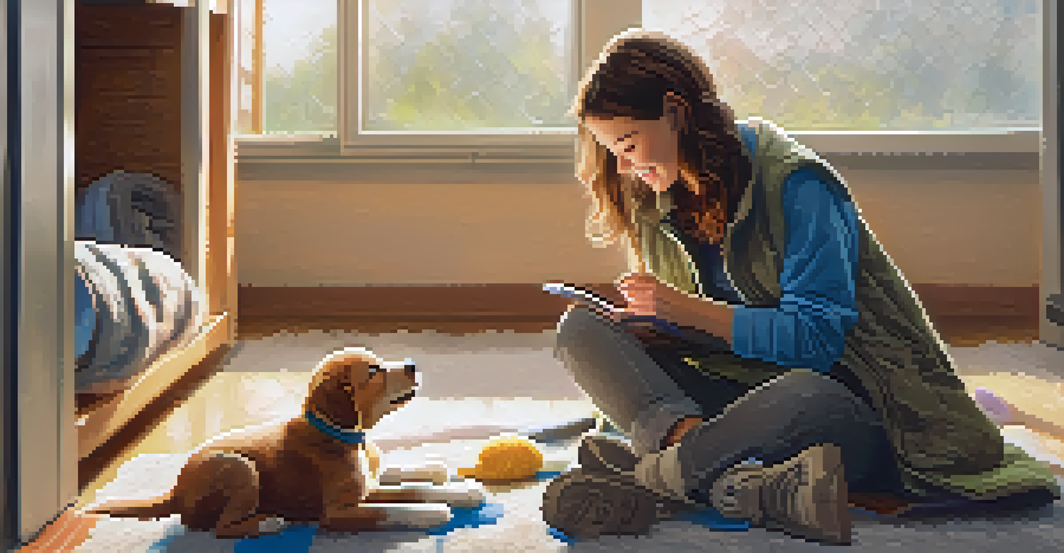 A volunteer playing with a joyful puppy in a humane society shelter, surrounded by soft blankets and dog toys.
