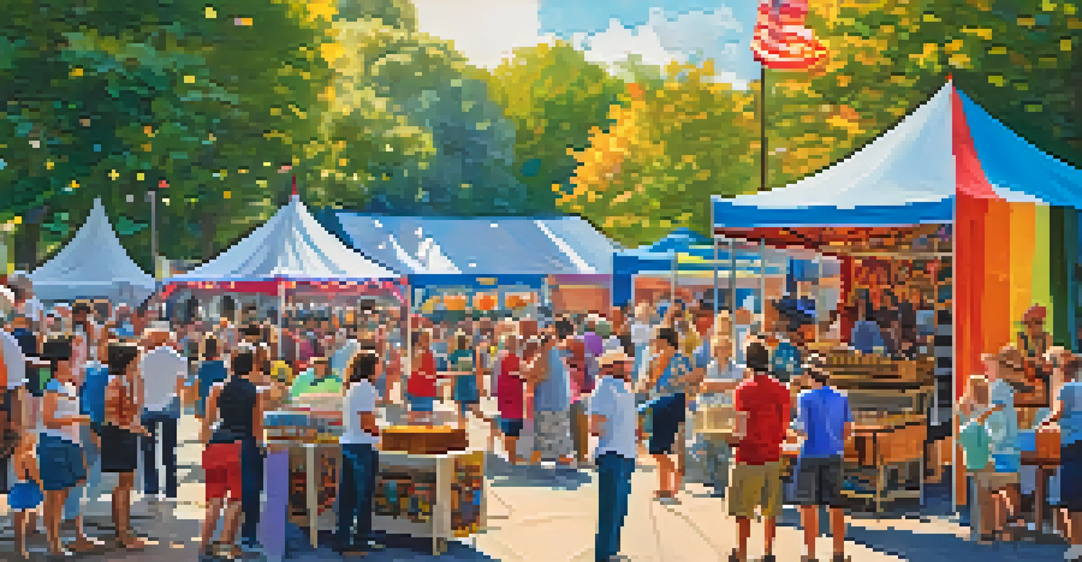 A colorful festival in a Charlotte park, with vendors selling crafts and food, and performers entertaining a lively crowd.