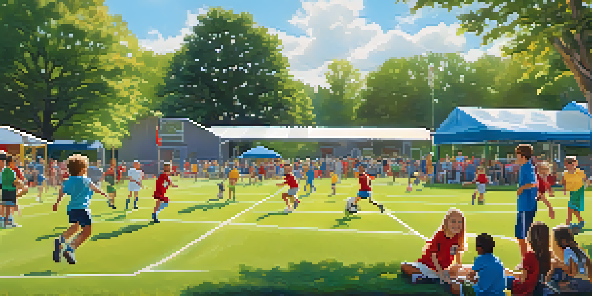 A lively youth soccer game with children playing, families cheering on the sidelines, and a sunny day in a community sports complex.