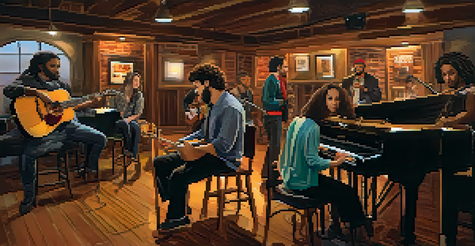 An intimate indoor music performance in a cozy venue in Charlotte, with musicians playing acoustic instruments and a captivated audience enjoying the show.