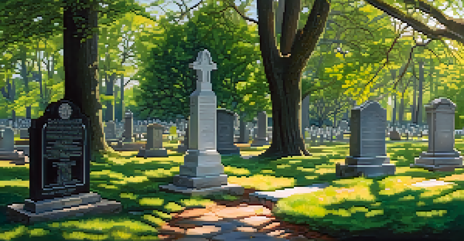 A tranquil scene of Old Settlers' Cemetery in Charlotte, with ornate headstones and greenery in a peaceful setting.