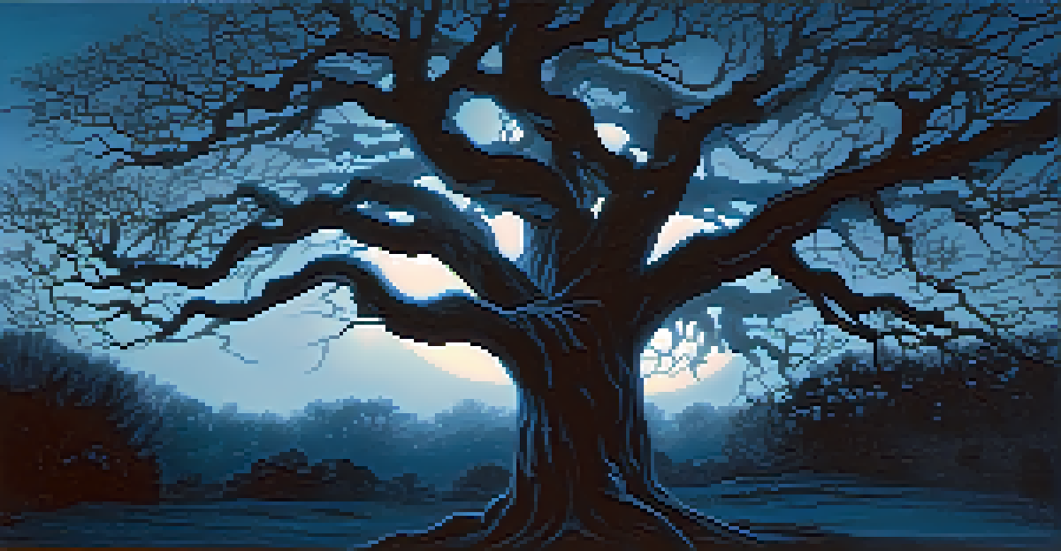 An old oak tree at night with a faint silhouette of the Charlotte Banshee in the background, illuminated by soft blue light.