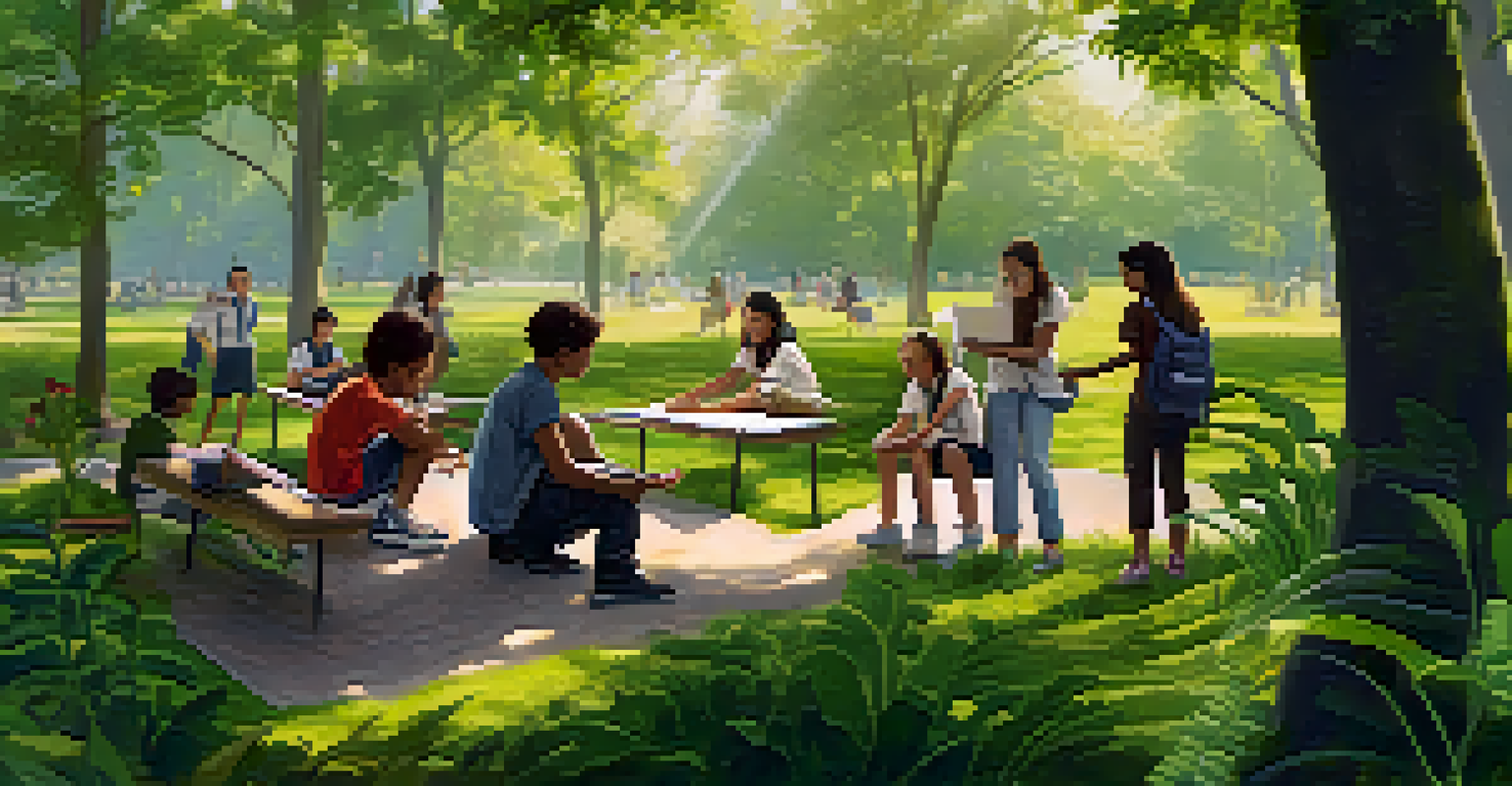Students of various ethnicities engaging in a nature exploration activity in a green park, with an instructor teaching them about plants and insects.