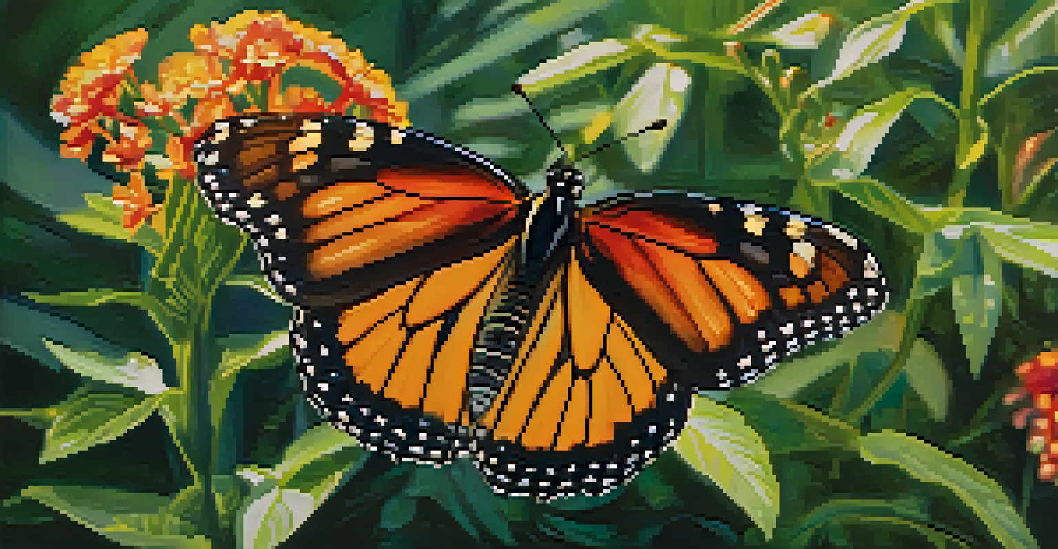 A close-up of a butterfly on a colorful flower in a Charlotte green space, with detailed textures and soft sunlight illuminating the scene.