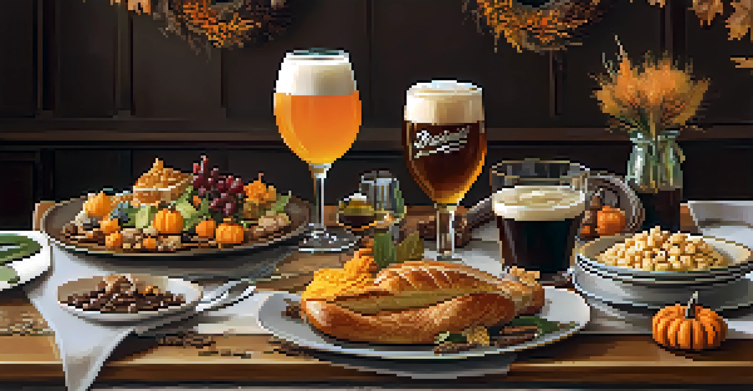 An elegant table with craft beers and gourmet dishes paired for a harmonious dining experience with autumn decorations.