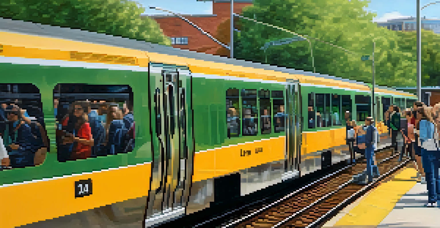 A close-up of a LYNX train at the University City station, with students on the platform and the UNC Charlotte campus in the background.