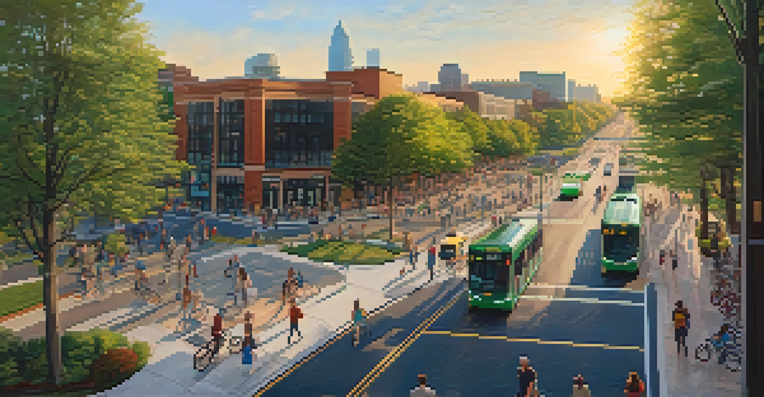 Aerial view of an urban area in Charlotte showing bike lanes, pedestrian walkways, and public transit, surrounded by green parks.