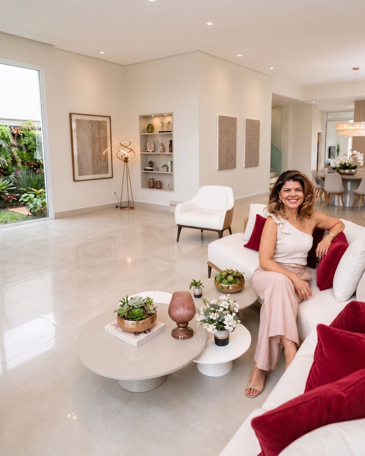 Ana Gouveia em um living integrado de um projeto residencial autoral