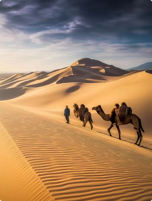 Desert landscape with sand dunes and people riding camels