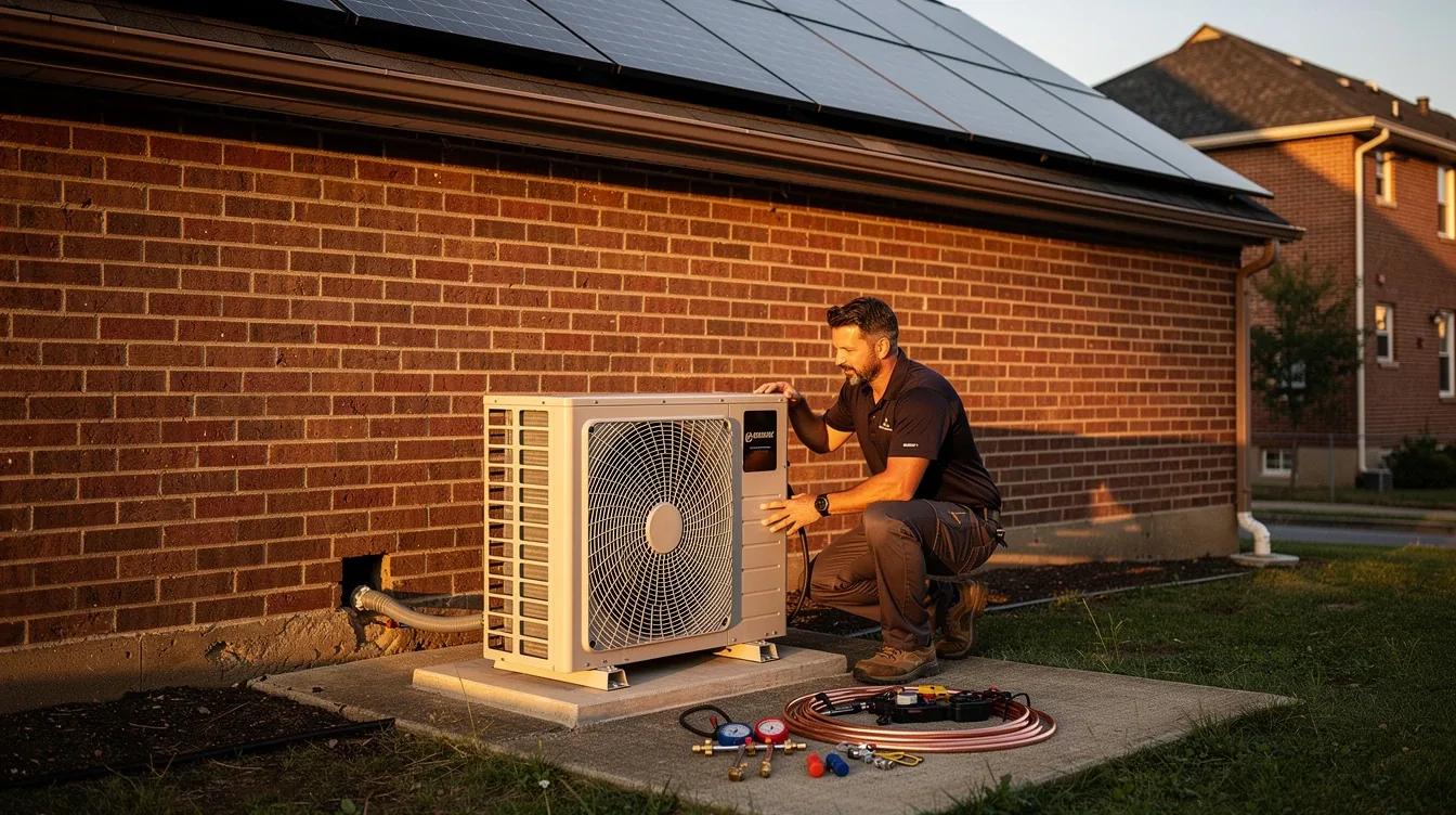 Heat pump outdoor condenser unit beside a brick DC rowhouse with solar panels visible on the roof