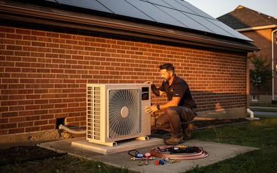 Heat pump outdoor condenser unit beside a brick DC rowhouse with solar panels visible on the roof