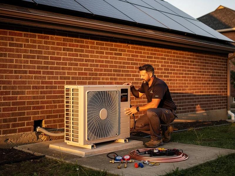 Heat pump outdoor condenser unit beside a brick DC rowhouse with solar panels visible on the roof