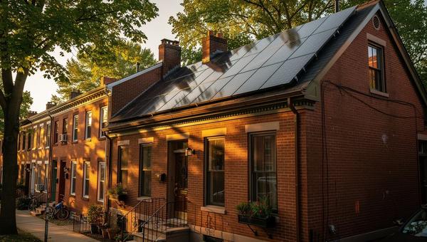 Solar panels on a DC rowhouse roof with Capitol Hill neighborhood visible in the background, illustrating solar financing options in DC