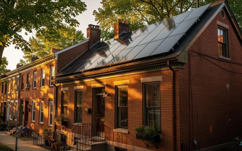 Solar panels on a DC rowhouse roof with Capitol Hill neighborhood visible in the background, illustrating solar financing options in DC