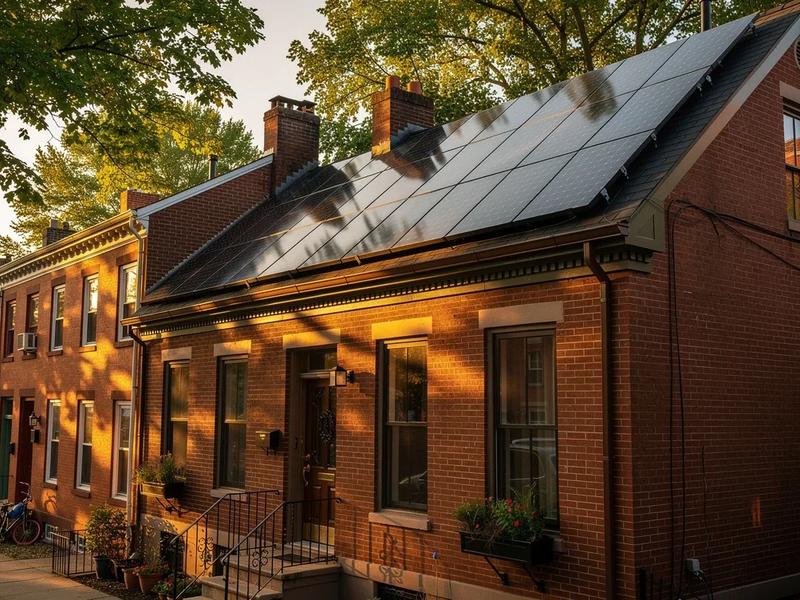Solar panels on a DC rowhouse roof with Capitol Hill neighborhood visible in the background, illustrating solar financing options in DC