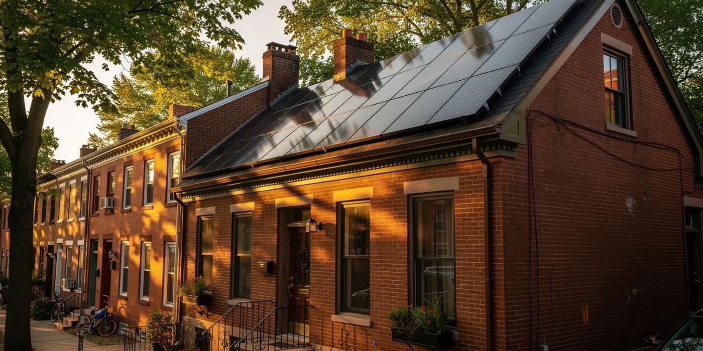 Solar panels on a DC rowhouse roof with Capitol Hill neighborhood visible in the background, illustrating solar financing options in DC
