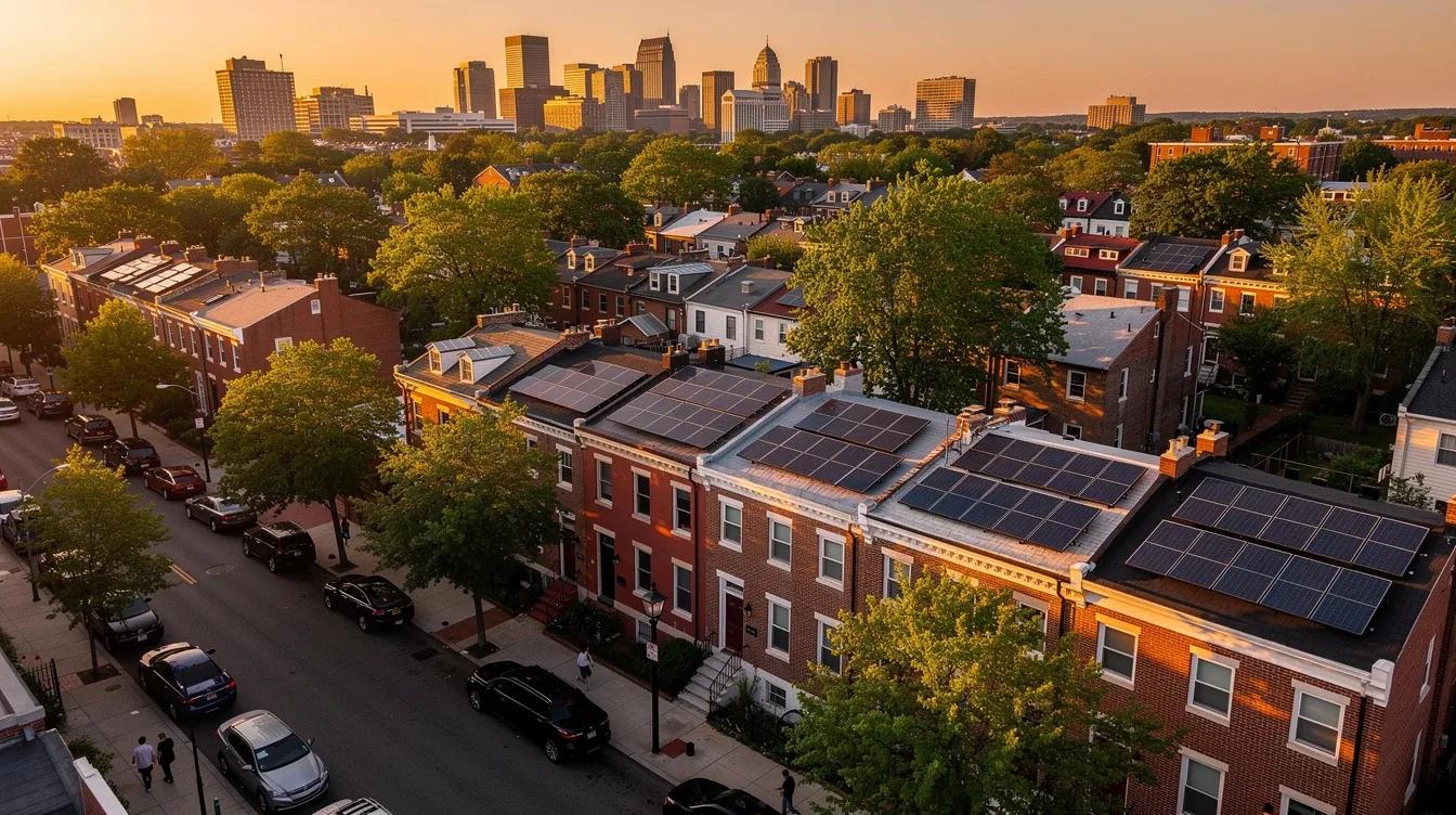 DC rowhouse rooftop with solar panels illustrating property tax exemption for home improvements in Washington DC