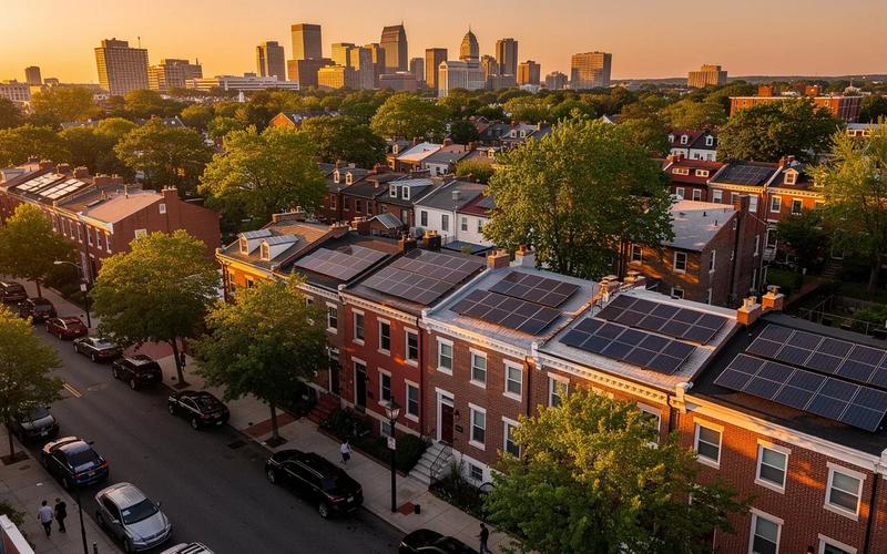 DC rowhouse rooftop with solar panels illustrating property tax exemption for home improvements in Washington DC