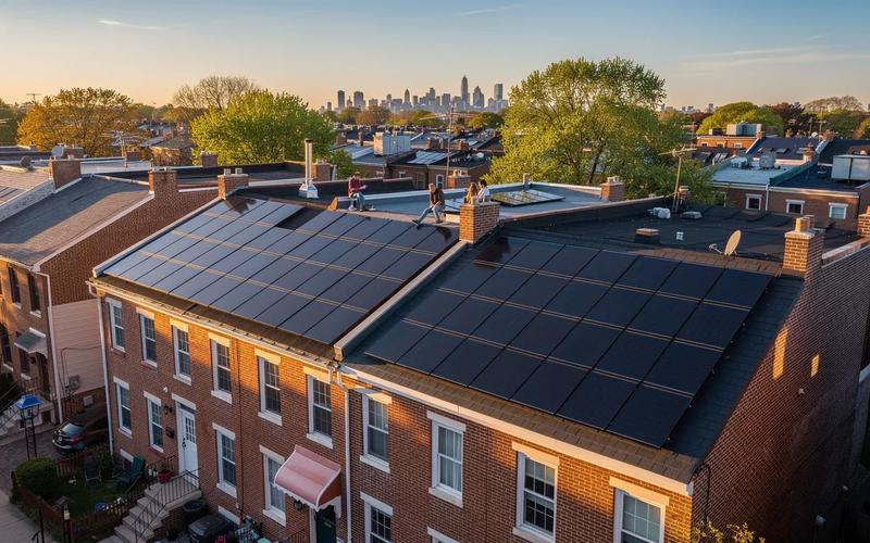 Solar panels on a DC rowhouse roof illustrating solar PPA pros and cons for Washington DC homeowners