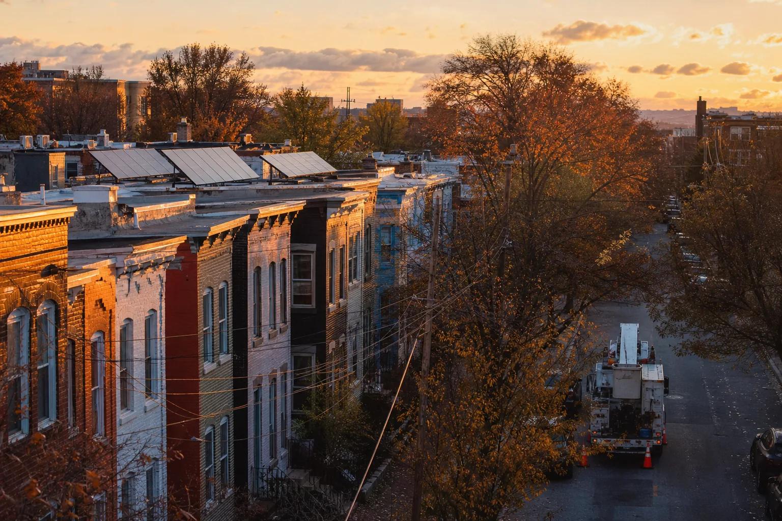 Rooftop solar on a DC rowhouse, with an insurance policy folder on a table