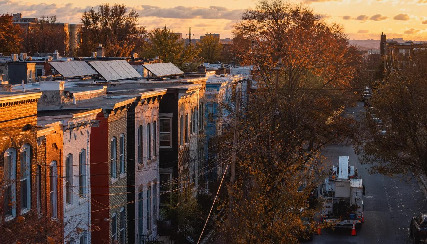 Rooftop solar on a DC rowhouse, with an insurance policy folder on a table