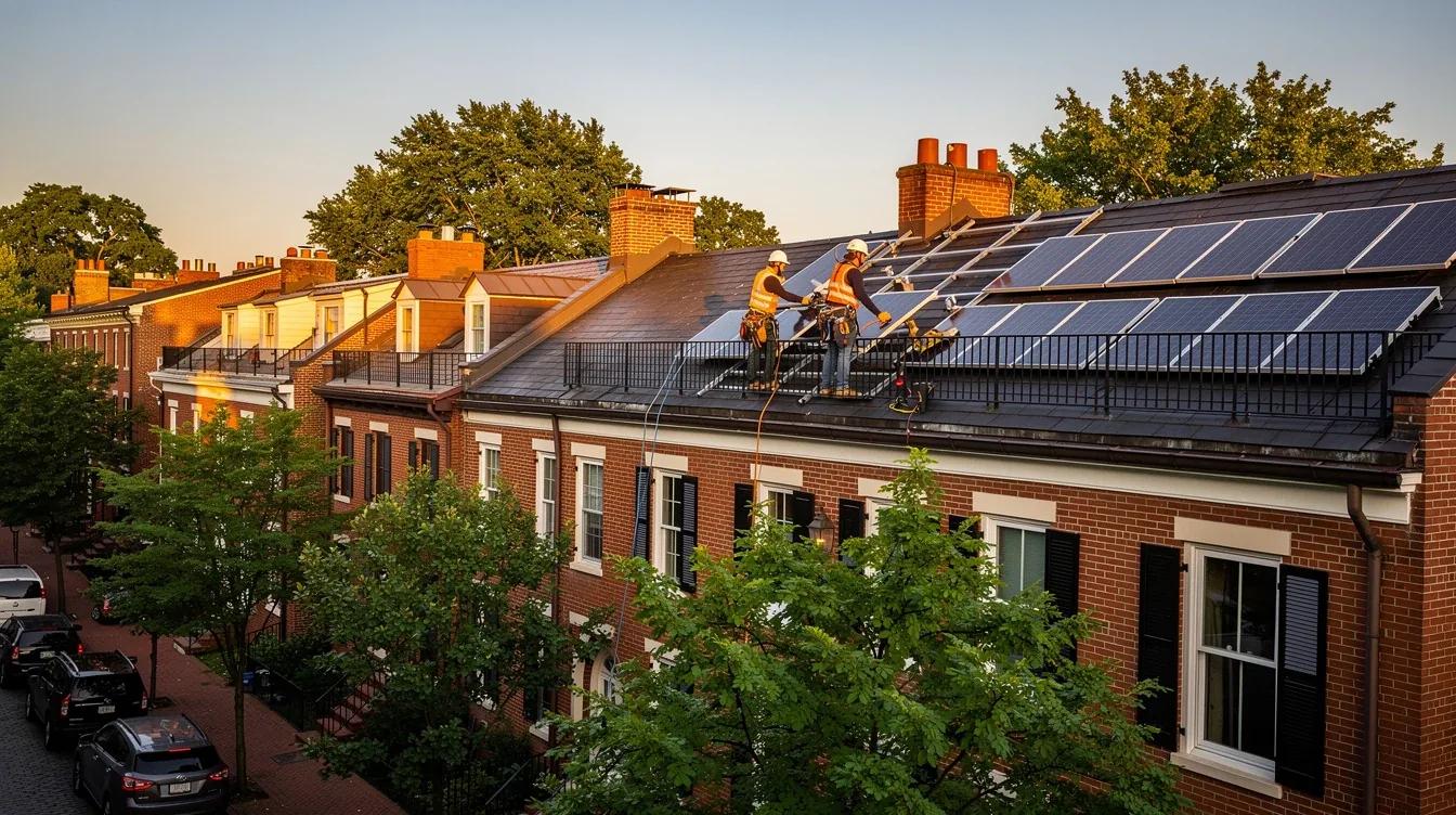 Renewable energy contractor installing solar panels on a Capitol Hill row house rooftop in Washington DC