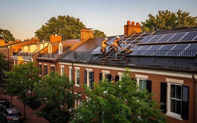 Renewable energy contractor installing solar panels on a Capitol Hill row house rooftop in Washington DC