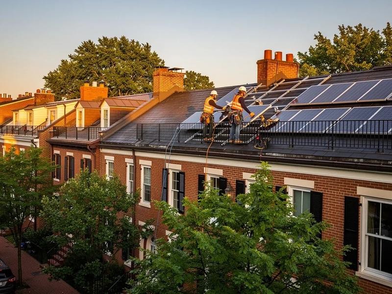 Renewable energy contractor installing solar panels on a Capitol Hill row house rooftop in Washington DC