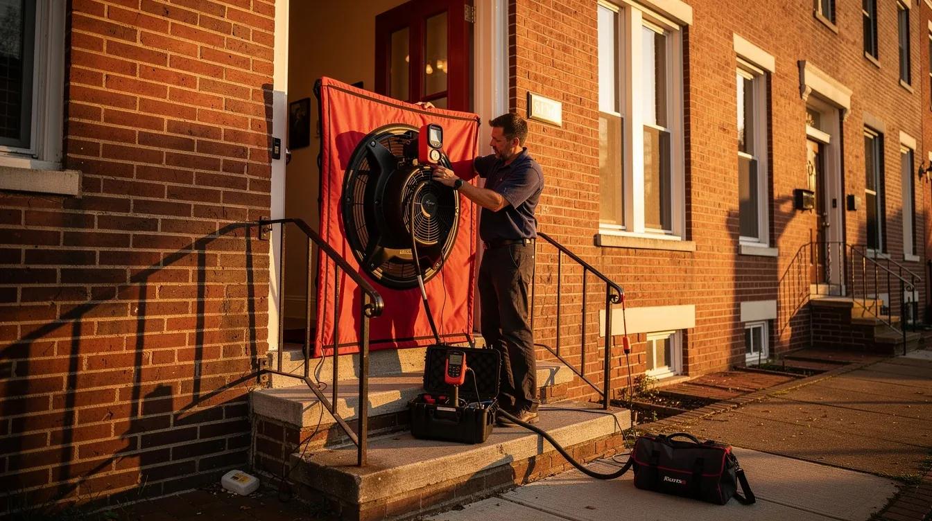 A home energy auditor conducting a blower door test in a Washington DC row house