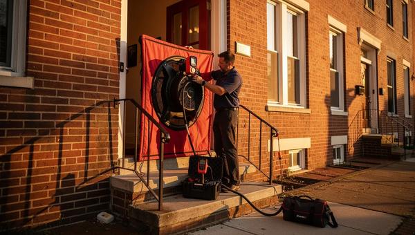 A home energy auditor conducting a blower door test in a Washington DC row house