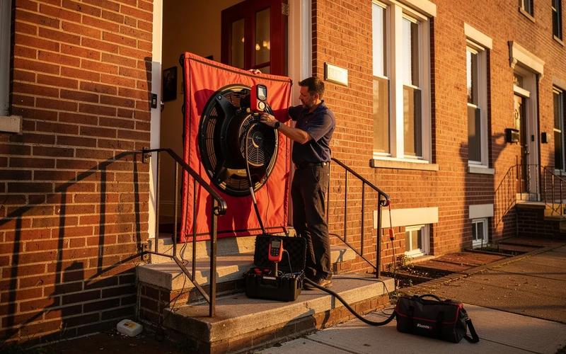 A home energy auditor conducting a blower door test in a Washington DC row house
