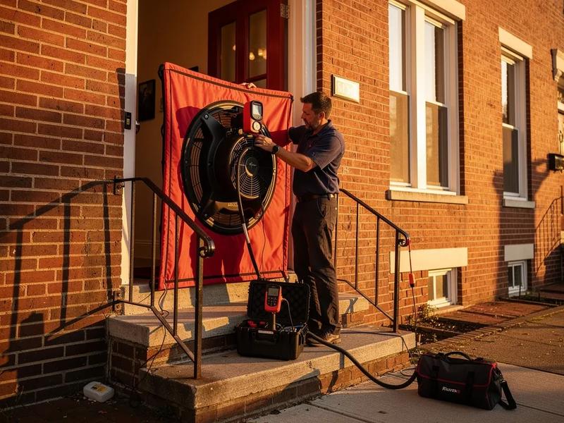 A home energy auditor conducting a blower door test in a Washington DC row house