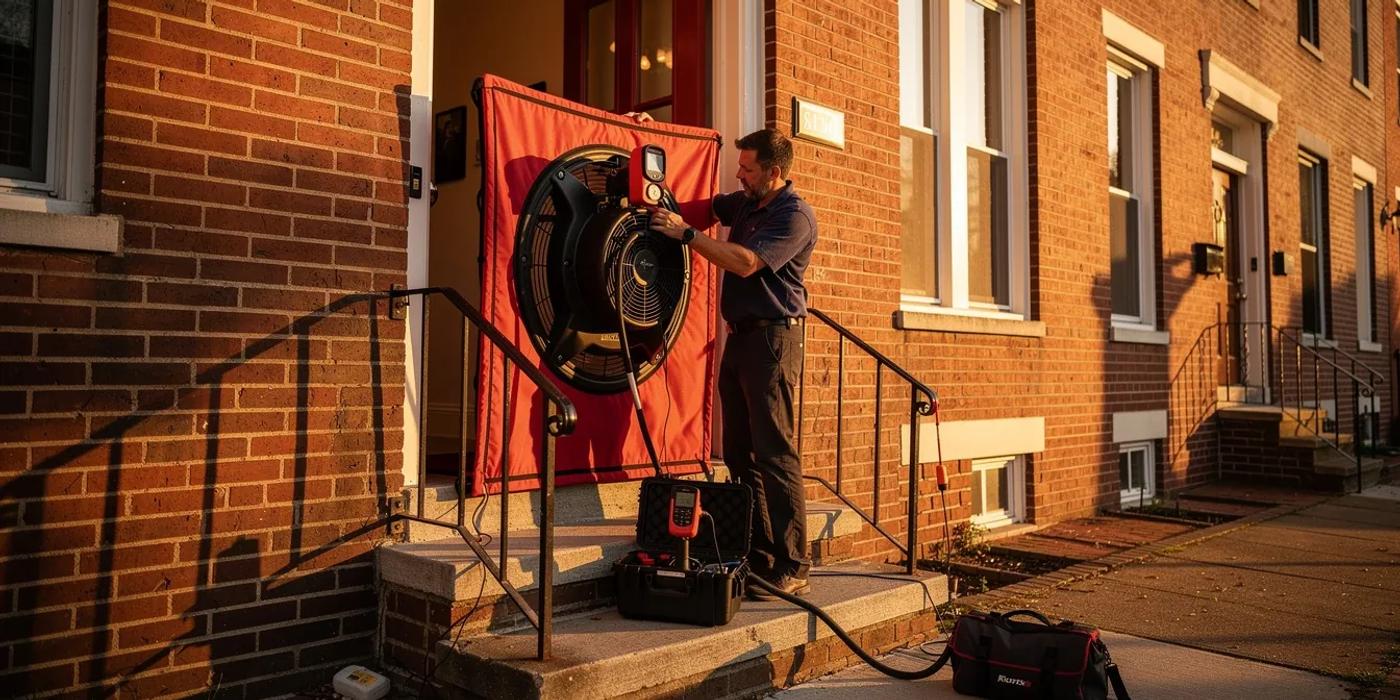A home energy auditor conducting a blower door test in a Washington DC row house