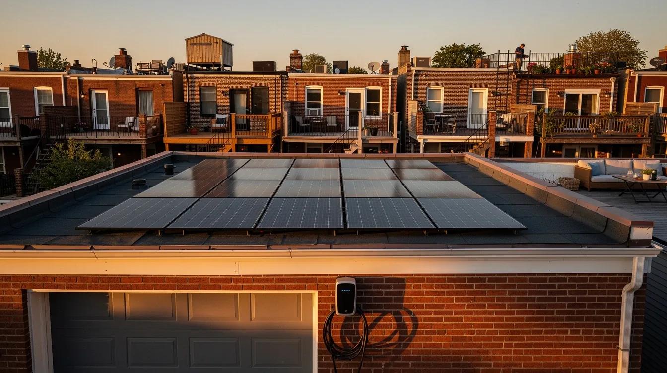 Solar panels on a DC rowhouse roof with an EV charger visible in the rear alley, supporting honda home electrification