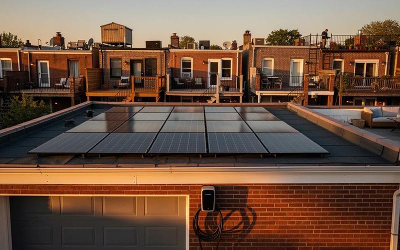 Solar panels on a DC rowhouse roof with an EV charger visible in the rear alley, supporting honda home electrification