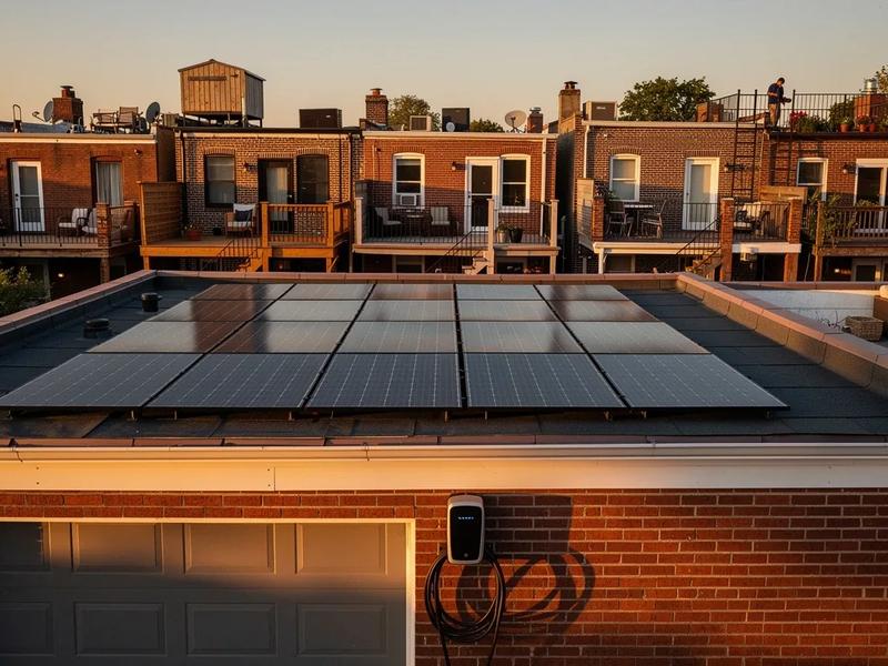 Solar panels on a DC rowhouse roof with an EV charger visible in the rear alley, supporting honda home electrification