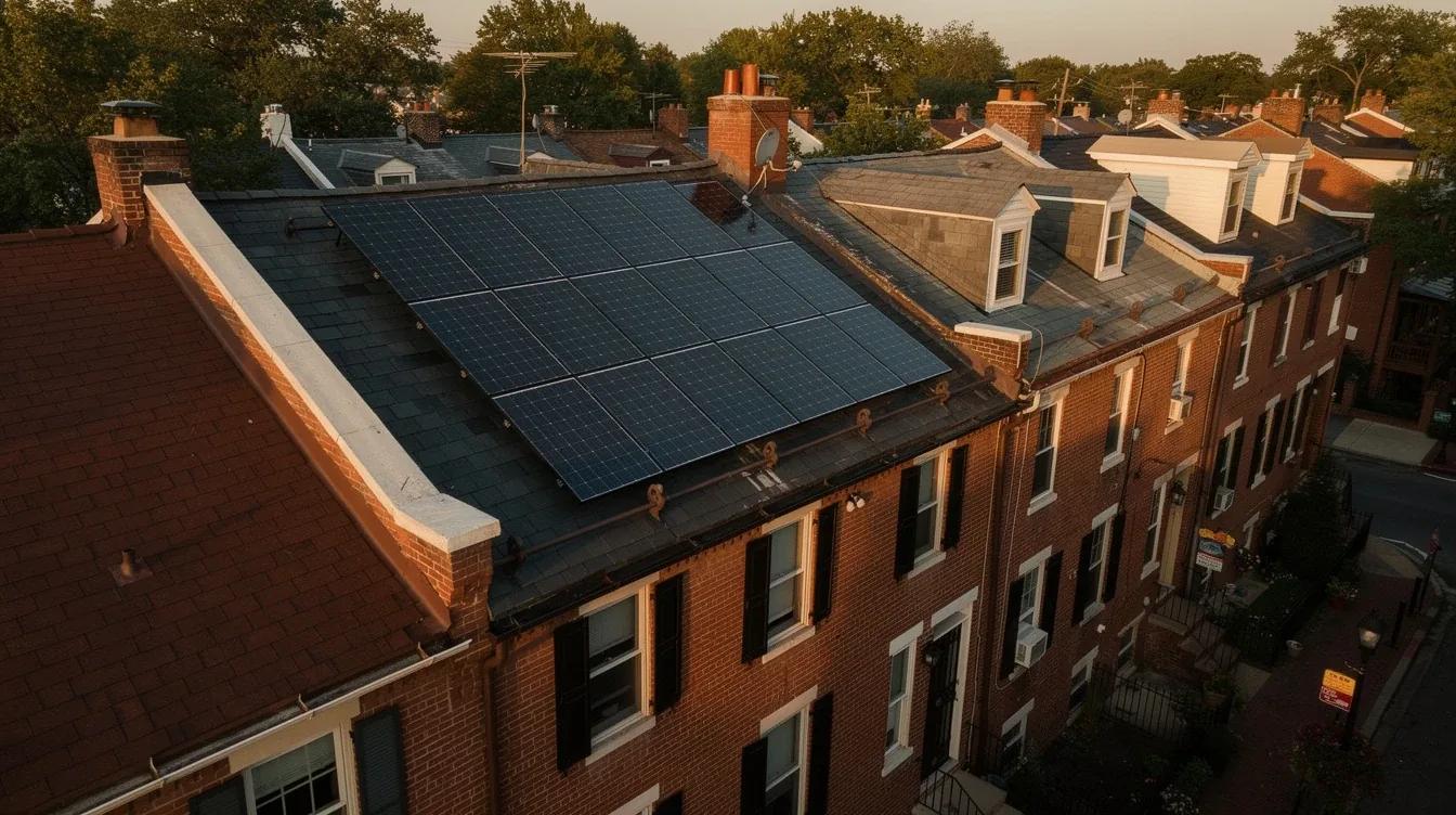 Solar panels on a Washington DC rowhouse roof with Capitol Hill neighborhood visible in the background