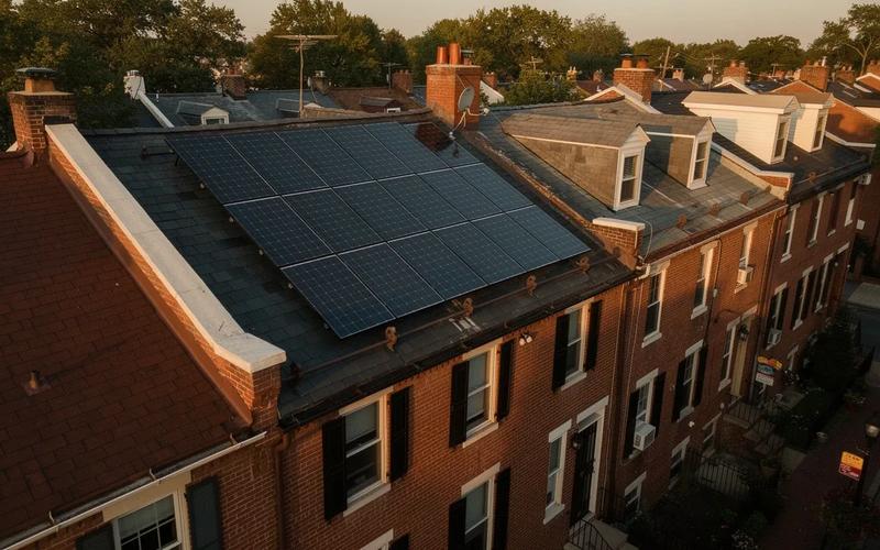 Solar panels on a Washington DC rowhouse roof with Capitol Hill neighborhood visible in the background