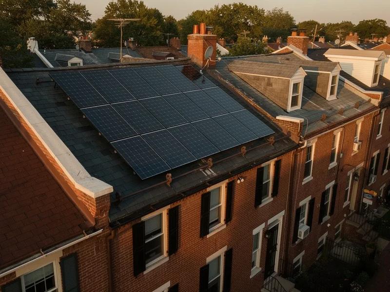 Solar panels on a Washington DC rowhouse roof with Capitol Hill neighborhood visible in the background