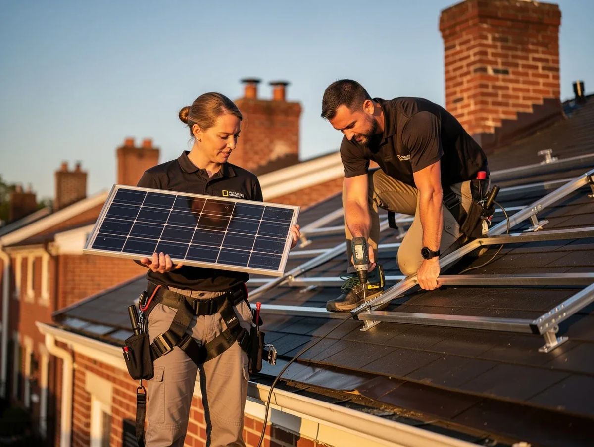 Solar installation crew mounting panels on a Washington DC rooftop