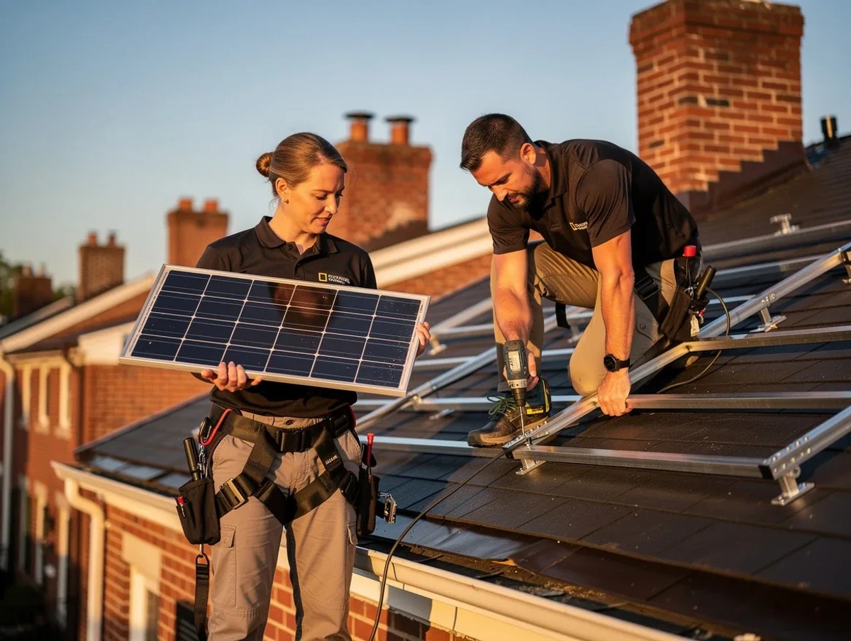 Solar installation crew mounting panels on a Washington DC rooftop