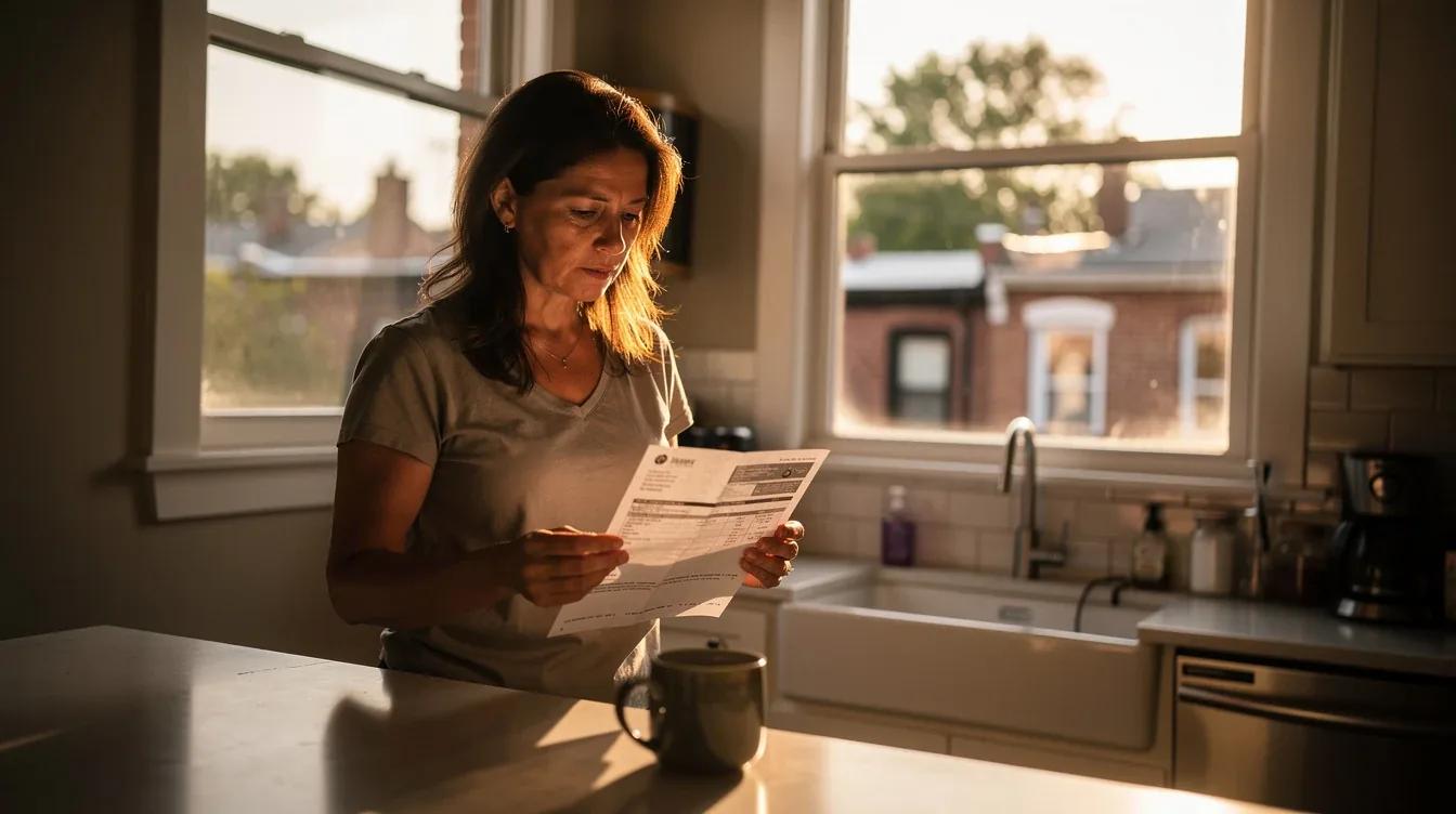 DC homeowner reviewing Pepco budget billing statement at kitchen table in a Petworth row house